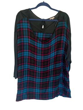 Plaid Tunic Top Avenue 26/28 Blue Green Knit Flannel Keyhole Back Lightweight